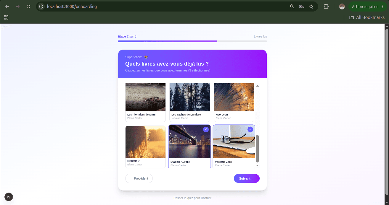 User onboarding quiz for book preferences