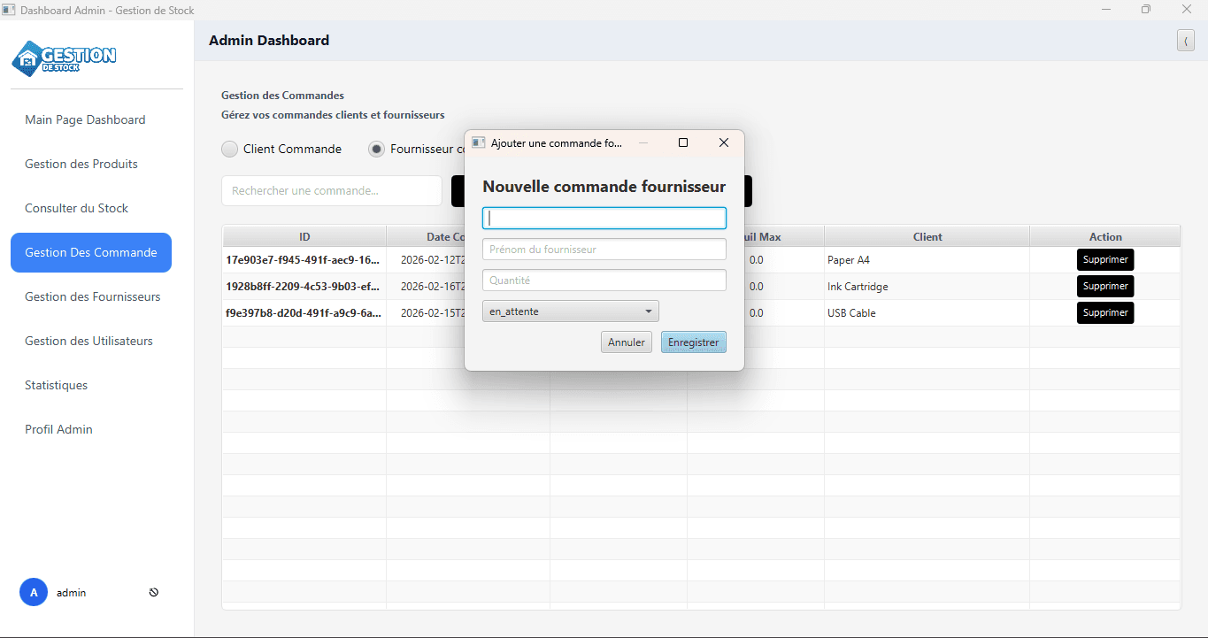 New supplier order dialog in the admin dashboard